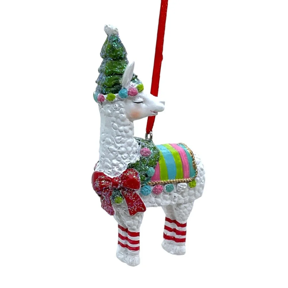 White‎ Llama Ornament -Colorful Blanket Christmas Tree Hat Rosy Cheeks